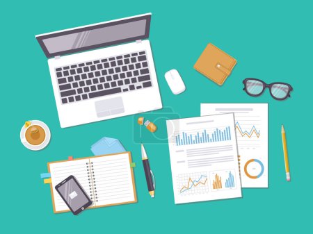 Foto de Documents with charts, graphs, leptop, notebook, phone, purse, glasses. Preparation for work, analysis, report, accounting, reaserch. Business concept background. Top view. Vector illustration - Imagen libre de derechos