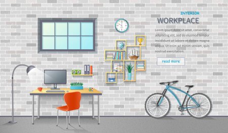 Illustration for Stylish and modern office workplace. Room interior with desk, chair, monitor, shelves, office supplies, bicycle. Brick background. Detailed vector illustration for a horizontal web banner. - Royalty Free Image