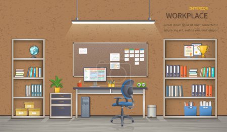 Illustration for Stylish and modern office workplace. Room interior with desk, armchair, monitor, shelves, office supplies, flowerpot, folders, books and board for notes. Detailed vector illustration for web banner. - Royalty Free Image