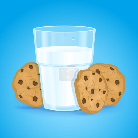 Foto de Realistic glass with milk and cookies with chocolate chips on a blue background. Fresh delicious vitamin and healthy breakfast for children and adults. Oatmeal baking. Protein cocktail. Vector. - Imagen libre de derechos