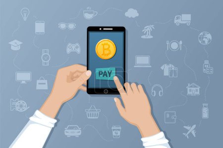 Illustration for Payment by Bitcoins. Pay for goods and services by crypto currency. Payment service international transfers by electronic virtual currency. Hands holding a phone with a gold coin bitcoin. Vector - Royalty Free Image