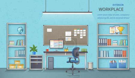 Illustration for Stylish and modern office workplace. Room interior with desk, armchair, monitor, note-board, office supplies, flowerpot, globe, folders, documents. Detailed vector illustration for web banner. - Royalty Free Image