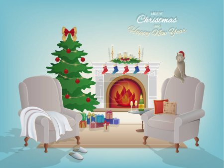 Foto de Feliz Navidad habitación fondo interior con chimenea, árbol de Navidad, sillones, tapa de Santa Claus, cajas de regalo, gato. Calcetines de velas y decoraciones. Esperando el año nuevo y el vector de la tarjeta de Navidad - Imagen libre de derechos