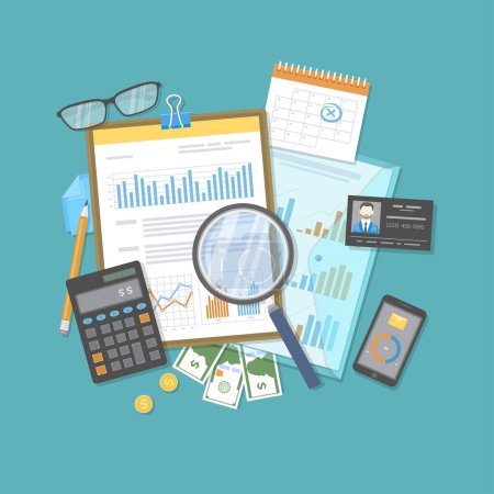 Financial audit, report, analysis. Business research, planning accounting, tax calculation. Magnifying glass over documents, calculator, glasses, money. Forms with graphs diagrams. Vector