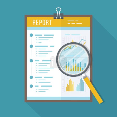 Illustration for Business report, paper document with magnifying glass. Isolated icon with long shadow. Charts graphs on a paper. Accounting, analysis, research, planning, audit, report, management. Vector - Royalty Free Image