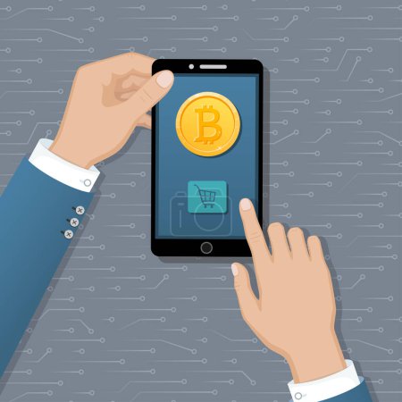 Illustration for Hands holding mobile phone with gold coin Bitcoin and button Buy. Payment service international transfers by electronic virtual currency. Pay for goods and services by crypto currency. Vector - Royalty Free Image