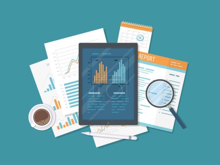Illustration for Mobile auditing, data analysis, statistics, research. Tablet with information on the screen, documents, report, calendar, magnifier, coffee. Growing Charts and Charts. Top view. Vector illustration. - Royalty Free Image