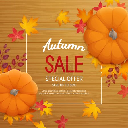 Illustration for Autumn sale background in a rectangular frame with pumpkin, leaves on a wooden table. Discount, sale in autumn. Special seasonal offer banner. Template Vector. - Royalty Free Image