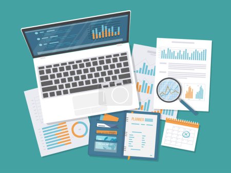 Financial audit, accounting, analytics, data analysis, report, research. Documents with charts graphs, magnifying glass, calendar, notebook. Vector illustration