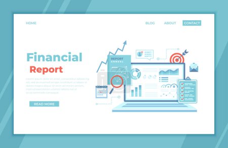 Financial Report. Accounting, analysis, audit, research, results. Laptop with graphs and charts on the screen, clipboard, report, target, calendar, magnifier. landing page for web, banner. Vector