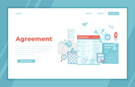 Agreement, Partnership, Success deal, Contract signing, Transaction steps. Business document with signatures and stamps, business plan, rocket launch, calculator. landing page template, web banner.