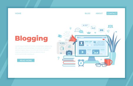 Blogging Posting Education Writing Internet Blog Content-strategy, text, title, photo, video. Monitor with web page, infographics, social media, books, loudspeaker. landing page template, web banner.