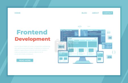Frontend Development, Creating a site layout, template. Website UI UX interface on a monitor screen, tablet, phone, html css js programming code. landing page template or banner. Technology concept.