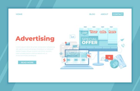Advertising Outdoor and Online. Billboard, newspaper with offers, discounts and laptop with social media ad website. Advertising agency. landing page template or banner. Vector