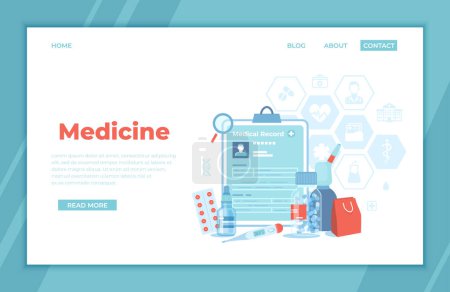 Illustration for Medicine, Healthcare, Pharmaceuticals, Red Cross, First aid to the patient, Science. Medical equipment, record, package, thermometer, pills, spray, drops. landing page template or banner. Vector - Royalty Free Image