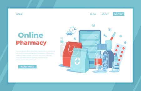Illustration for Online Pharmacy. Buy medicaments and drugs online. Pharmaceutical products in mobile application. Phone screen, medicine packages, pills, spray, drops. landing page template or banner. Vector - Royalty Free Image