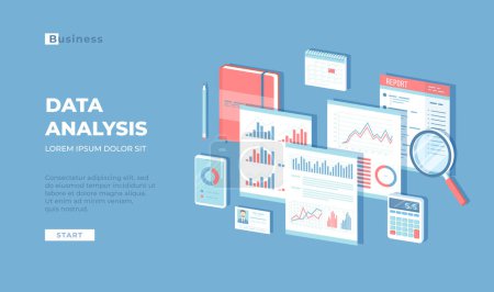 Data analysis concept, audit, SEO analytics, statistics, strategic, report, management. Charts, graphics on documents, magnifying glass, calendar, calculation. Isometric 3d vector
