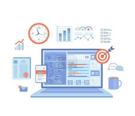 SEO Manager, Key Management, Content marketing. Coordinating and implementing search engine marketing programs. Laptop with web page and program code, icons. Vector illustration on white background.