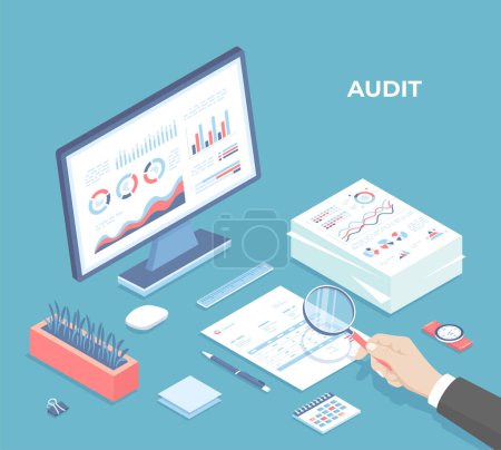 Auditing concepts. Businessman auditor inspects assessing financial documents. Man's hand with magnifying glass over documents. Monitor, graphics, charts, calendar. Isometric 3d vector illustration