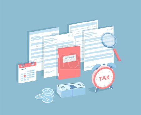 Payment of accounts and taxes. Filling and calculating tax form. Folder with documents, invoices, calendar with tax date, money, magnifying glass, clock. Isometric 3d vector illustration.