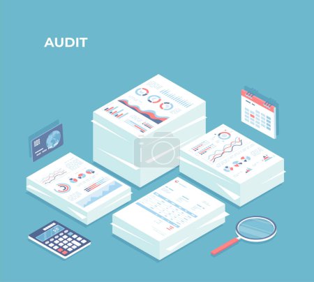 Auditing, analysis, accounting, calculation, analytics. Piles of documents for review. Documents with charts graphs, report, magnifying glass, calculator, calendar, credit card. Isometric 3d vector
