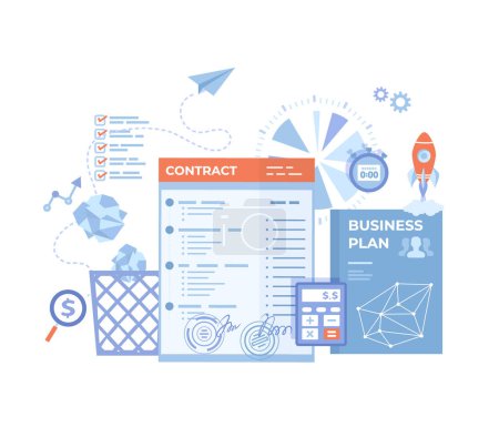 Agreement, Partnership, Success deal, Contract signing, Transaction steps. Business document with signatures, stamps, business plan, rocket launch, calculator. Vector illustration on white background