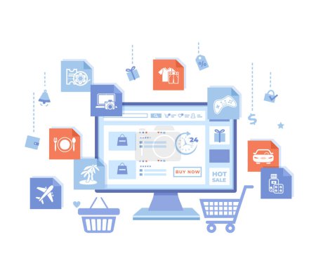 Online-Shop. Virtuelles Einkaufen im Internet, E-Commerce, digitales Marketing. Monitor mit Webstore auf dem Bildschirm, Warenkorb, Warenkorb, Produkt-Shopping-Symbole. Vektorabbildung auf weißem Hintergrund.