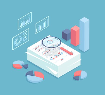Business auditing, analysis, accounting, calculation, analytics. Piles of documents for review. Documents with charts and graphs with magnifying glass. Financial report. Isometric vector illustration.