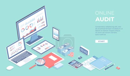 Online audit, research, report, analytics, analysis concept. Web and mobile service. Charts graphs on screens of laptop, monitor, phone, tablet. Workplace Workspace Desktop. Isometric 3d illustration