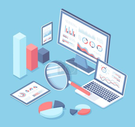 Online audit, research, report, analytics, analysis concept. Web and mobile service. Charts graphs on screens of laptop, monitor, phone, tablet, big magnifying glass. Isometric 3d vector illustration