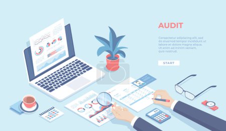 Auditing concepts. Businessman auditor inspects financial documents and fill a report form. Man's hand with magnifier. Laptop, graphics, charts, calendar, calculator. Desktop. Isometric 3d vector
