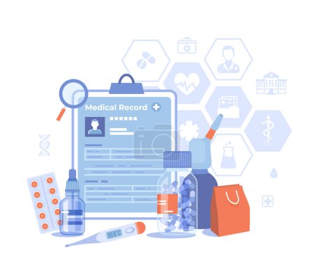 Illustration for Medicine, Healthcare, Pharmaceuticals, Red Cross, First aid to the patient, Science. Medical equipment, record, package, thermometer, pills, spray, drops. Vector illustration on white background. - Royalty Free Image