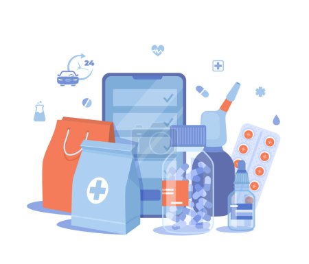 Illustration for Online Pharmacy. Buy medicaments and drugs online. Pharmaceutical products in mobile application. Phone screen, medicine packages, pills, spray, drops. Vector illustration on white background. - Royalty Free Image