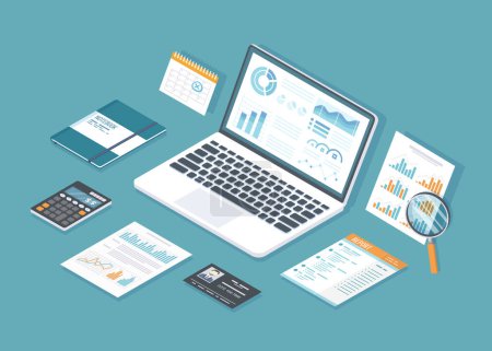 Financial audit, accounting, analytics, data analysis, report, research. Documents with charts graphs, magnifying glass, calendar, calculator, notebook. Isometric 3d vector illustration.