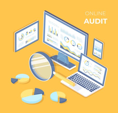 Online audit, analysis, research, report, analytics, concept. Web and mobile service. Charts graphs on screens of laptop, monitor, phone, tablet with magnifying glass. Isometric 3d vector illustration