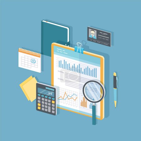 Financial document with graphs and charts on clipboard, calculator, glasses, magnifier, calendar, pen, business card. Audit, report, analysis, research, planning, accounting, calculation Isometric 3d