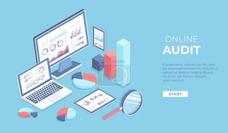 Online audit, research, report, analytics, analysis concept. Web and mobile service. Charts graphs on screens of laptop, monitor, phone, tablet with magnifying glass. Isometric 3d vector background