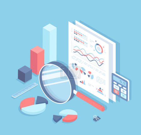 Illustration for Business auditing, analysis, accounting, calculation, analytics. Documents with charts and graphs for review. Documentation, magnifying glass, calculator. Financial report. Isometric 3d - Royalty Free Image