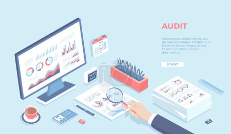 Auditing concepts. Businessman auditor inspects financial documents. Man's hand with magnifier. Monitor, graphics, charts, stack of documents. Workplace Workspace Desktop. Isometric 3d vector