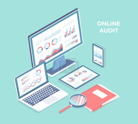 Online audit, research, report, analytics, analysis concept. Web and mobile service. Charts graphs on screens of laptop, monitor, phone, tablet with magnifying glass, folder with documents. Isometric