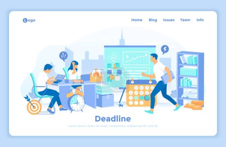 Deadline Asap. Business team working in an office overtime. All in a hurry to complete the tasks. Stress and mess in the office. landing web page design template decorated with people characters.