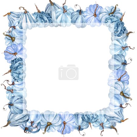 Photo for Watercolor frame with autumn pumpkins. Floral arrangement with blue pumpkins and green twigs. Harvest Wreath - Royalty Free Image