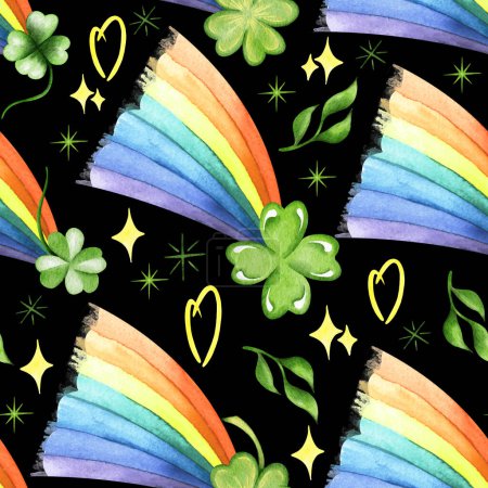 Photo for Watercolor St Patrick Day seamless pattern with clover, rainbow. Coins, shamrock. Irish. Celtic. St Patricks Day. - Royalty Free Image