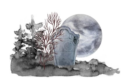 Aquarell Halloween. Handbemalter Friedhof mit Grabstein, Fledermäusen und Mond isoliert auf weißem Hintergrund. Urlaubsdruck für Design oder Hintergrund