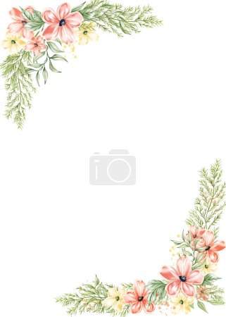 Photo for Watercolor floral border. Flower pink rose, green leaves. Wedding concept with flowers. Floral poster, invite. Spring wildflower arrangements for greeting card or invitation design - Royalty Free Image