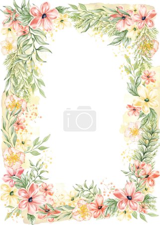 Photo for Watercolor floral border. Flower pink rose, green leaves. Wedding concept with flowers. Floral poster, invite. Spring wildflower arrangements for greeting card or invitation design - Royalty Free Image