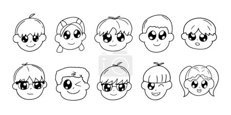 Illustration for Cartoon kid face avatas set. Different kids with emotions outline style, vector illustration. - Royalty Free Image