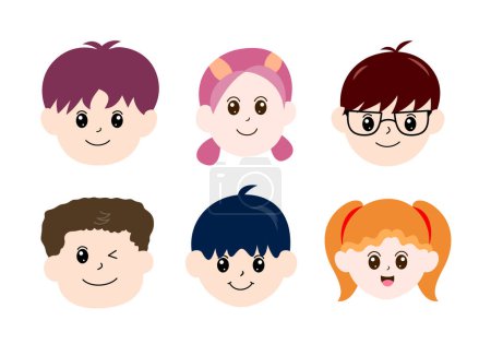 Illustration for Cartoon kid face avatas set. Different kids with emotions style, vector illustration. - Royalty Free Image