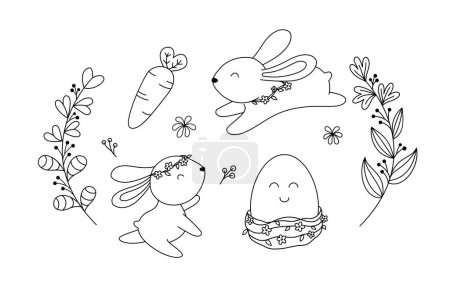 Photo for Easter traditional symbol collection. Bunny, egg, basket and flower. Outline vector illustration. - Royalty Free Image