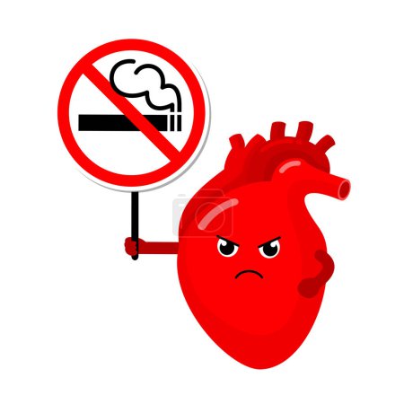 Photo for Cartoon heart character human organs holding stop and no smoking sign. Smoking effect on human internal organs. Health care concept. World no tobacco day. illustration. - Royalty Free Image